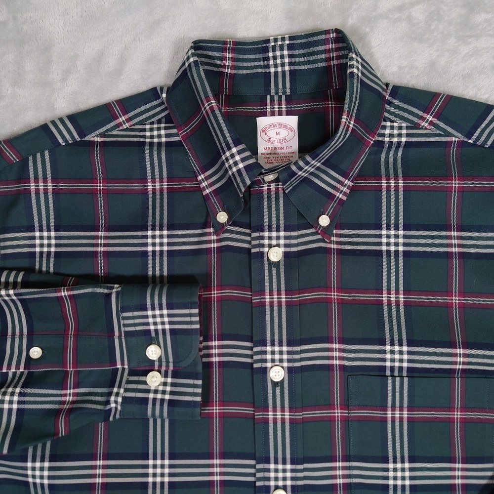 Brooks Brothers 1818 Pima Twill Shirt Mens M Madison Fit Plaid Non Iron Stretch